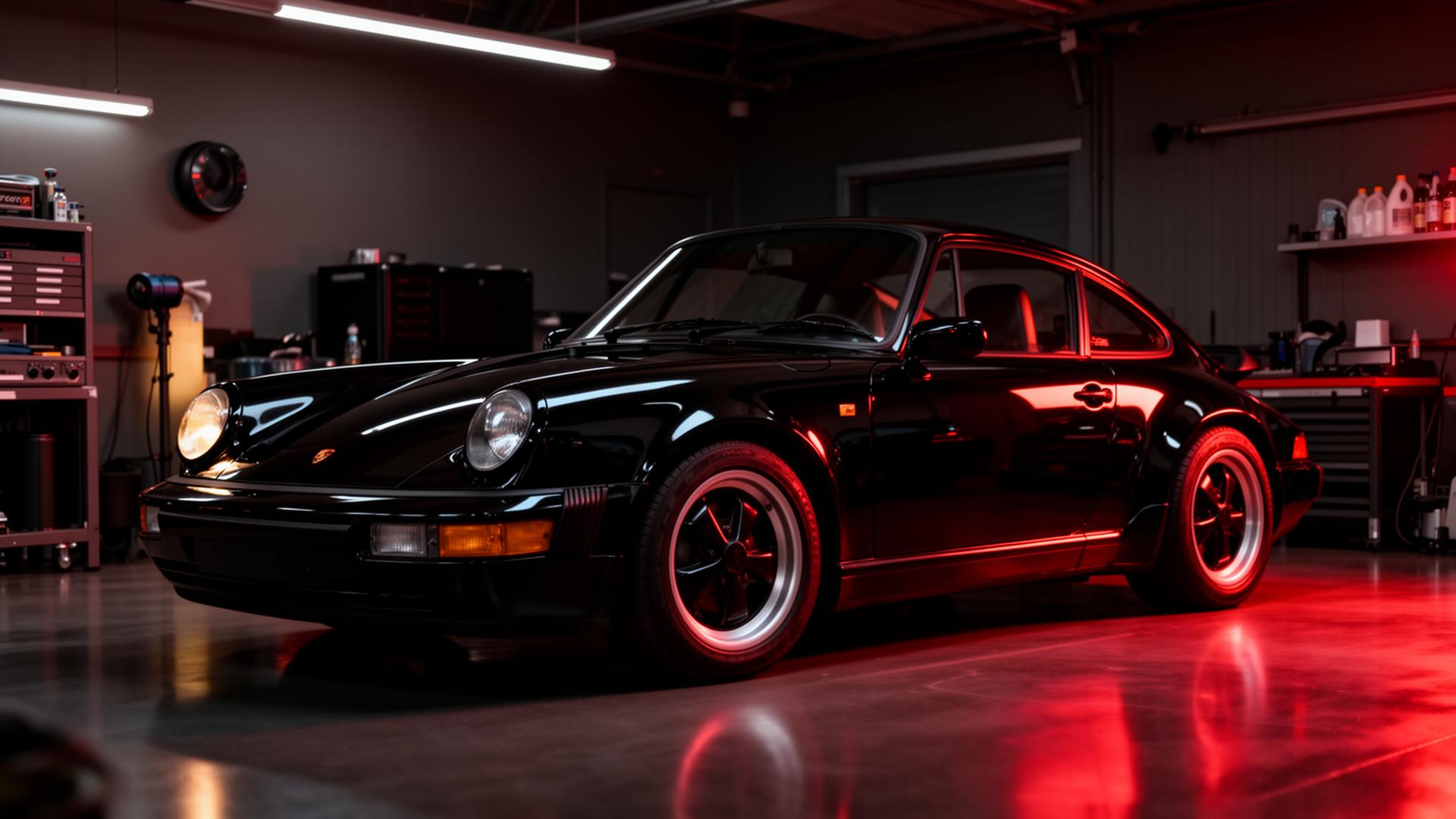 Black Porsche 911 Carrera in a detailing studio